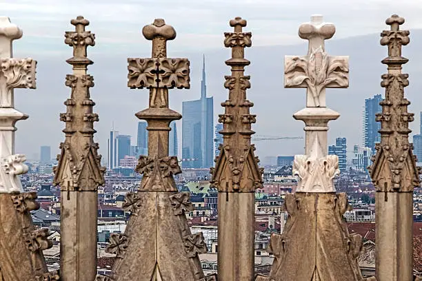 Photo of View of Milano financial district and statues of Milan Cthedral