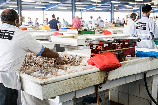 Dubai, United Arab Emirates - December 26, 2016: Fishmonger sorting out his latest batch of fish for his customers to see. This hustling & bustling market is perhaps Dubai’s most prominent reminder of how incredibly important the fishing industry is & was to this Ultra-Modern City. From the banana-sized shrimps , to the large Emirati Kingfish, all the way to the bright blue piles of crabs; this place is a hub of people excited to join in on the trading & haggling for large bags worth of fish. Since 1988, the Deira Fish Market has been running its business of seafood caught from the local region to places around Oman & India. Finding this place is simple, follow the odor of fresh, raw fish & the plethora of people talking fervently to get the best prices. All of which, tucked away in the corner of Old Dubai. 