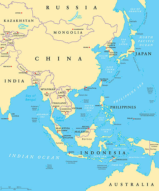 East Asia political map East Asia political map with capitals and national borders. Eastern subregion of Asian continent. China, Mongolia, Indonesia, Philippines, Malaysia, Japan. Illustration with English labeling. Vector. indochina stock illustrations