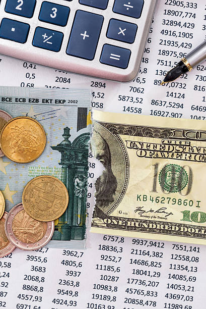 istock Budget text with calculator, pen, 100 euros and dollar 636793686