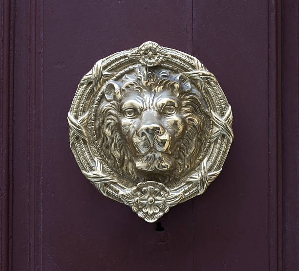 istock Antique lion head pull handle knob on a vintage door 636795024