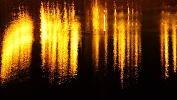 istock blur gold light reflection in water the dark night background 636796928