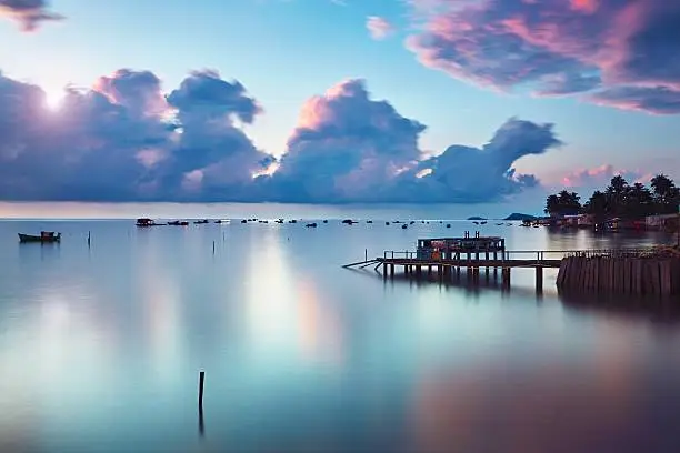 Phu Quoc island at the sunrise. Fishing village in popular travel destination in Vietnam.