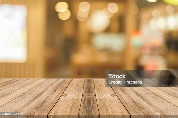 Wooden Board Empty Table In Mall Stock Photo - Download Image Now - Table, Wood - Material, Point of View