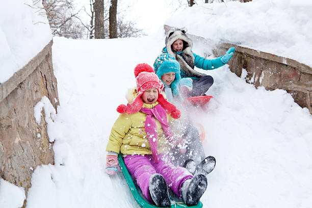 istock Three children ride the mountain on a sled 636800794