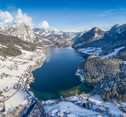 Arial Panorama of the beautiful Lake Grundlsee, Austrian Alps, Nature Reserve. Huge Stitched Panorama. Great Detail. You can see the Mountain Backenstein and all the way to the Totes Gebirge.