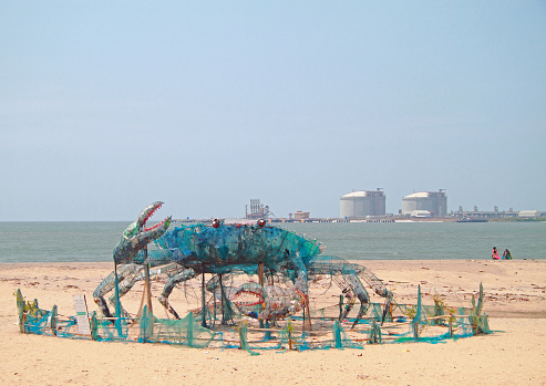 Kochi, India - March 7, 2015: : art installation Mad Crab built of wastes on a beach with free access in Kochi, India