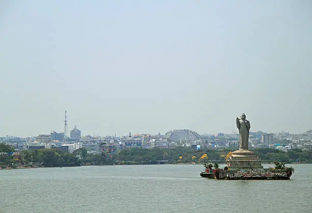statue of the Gautam Buddha in the middle of the lake Hussain Sagar, Hyderabad, India
