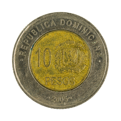 ten Dominican pesos coin (2005) isolated on white background