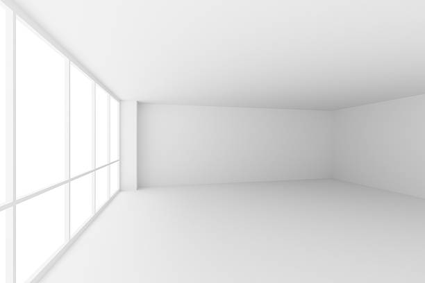 istock Empty white business office room with large windows, wide angle 636809984