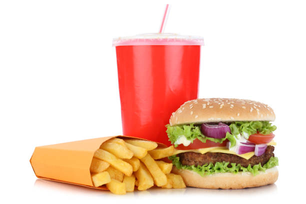 istock Cheeseburger hamburger and fries menu meal combo drink isolated 636811032
