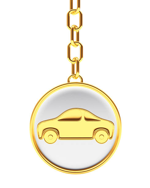 istock Car icon on golden round key chain 636811132
