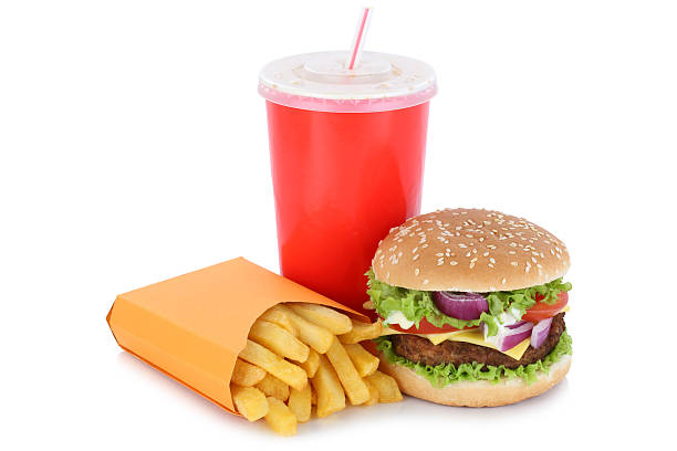 istock Cheeseburger hamburger and fries menu meal drink isolated 636812412