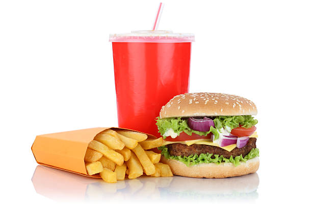 istock Cheeseburger hamburger and fries menu meal combo fast food drink 636812704