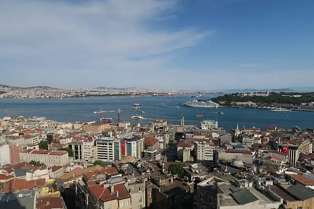 View from Galatatower at the Bosphorus, Istanbul-Galata and Beyoglu, Istanbuls Oldtown at the other Side of the Golden Horn and the Asian Side of Istanbul in Turkey