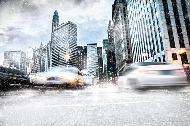 istock Snowy downtown streets in Chicago 636814516