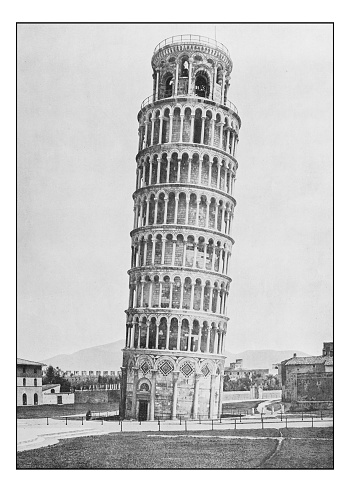 Antique dotprinted photographs of Italy: Tuscany, Pisa, Leaning tower