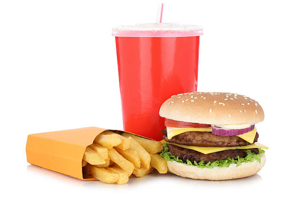 istock Double cheeseburger hamburger and fries menu meal combo drink isolated 636814938
