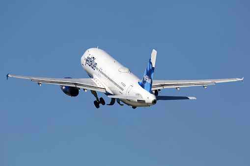 Fort Lauderdale, United States - February 17, 2016: A Jetblue Airways Airbus A320 with the registration N708JB taking off from Fort Lauderdale Airport (FLL) in the United States. Jetblue is an American low-cost airline and the fifth biggest airline in the US with its headquarters in New York.