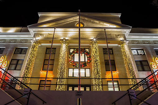 Prescott, USA. 10th December, 2016. The annual Christmas light display illuminates the Yavapai County Court House in Prescott, USA. 