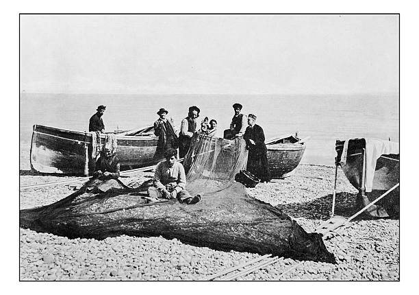 Antique dotprinted photographs of Italy: Liguria, Bordighera, Fishermen Antique dotprinted photographs of Italy: Liguria, Bordighera, Fishermen fisherman photos stock illustrations