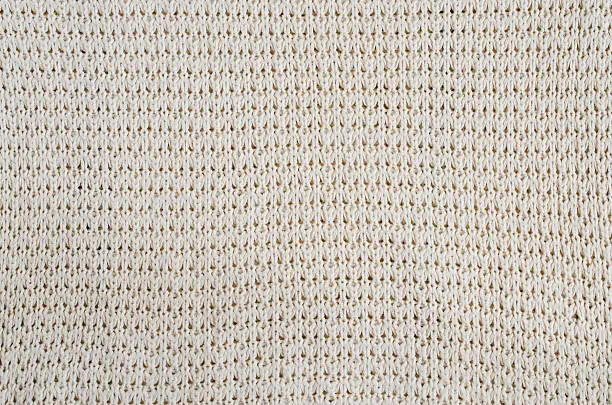 Photo of Vintage Beige Knitted Fabric Texture. Crochet Warm Woolen Yarn Background.