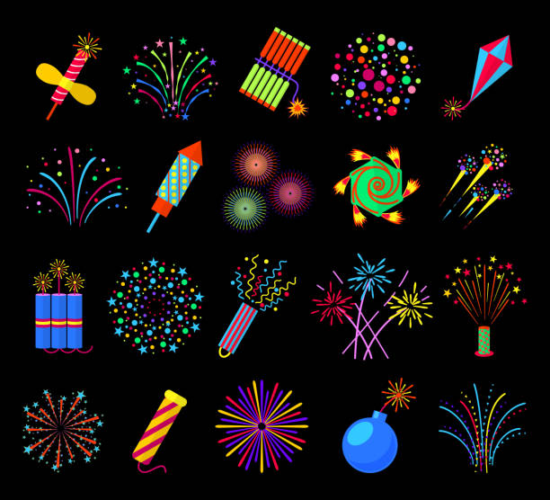 Pyrotechnics and fireworks vector illustration, petards fire crackers signs Pyrotechnics and fireworks vector illustration, petards and fire crackers signs. Firecracker and bomb with fuse in fire firework explosive material stock illustrations