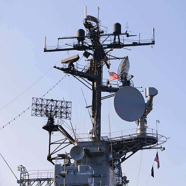 istock Radar Tower on Navy Ship with American Flag 636821192