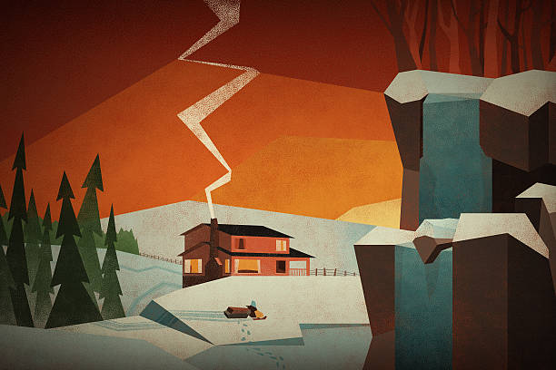 A winter scene at a family cabin, features a house in the mid ground, smoke from the chimney rising into the sunset sky. A snowmobile is parked at the edge of a frozen lake, foot prints from the rider lead from the vehicle, onto the ice and then off screen - adding a sense of mystery and intrigue. A snow covered waterfall is included in the foreground, creating a heightened sense of depth within the composition.