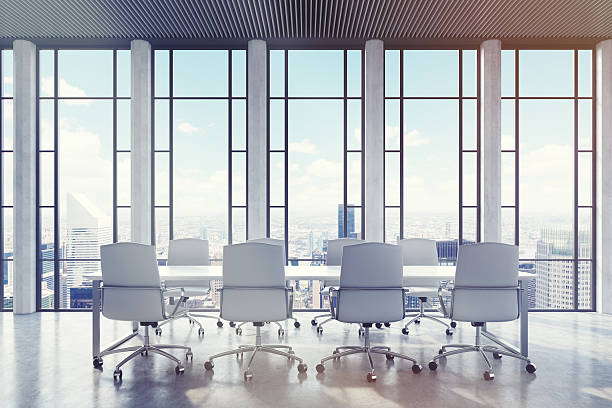 istock Conference room: wide shades geometric window City 636823042