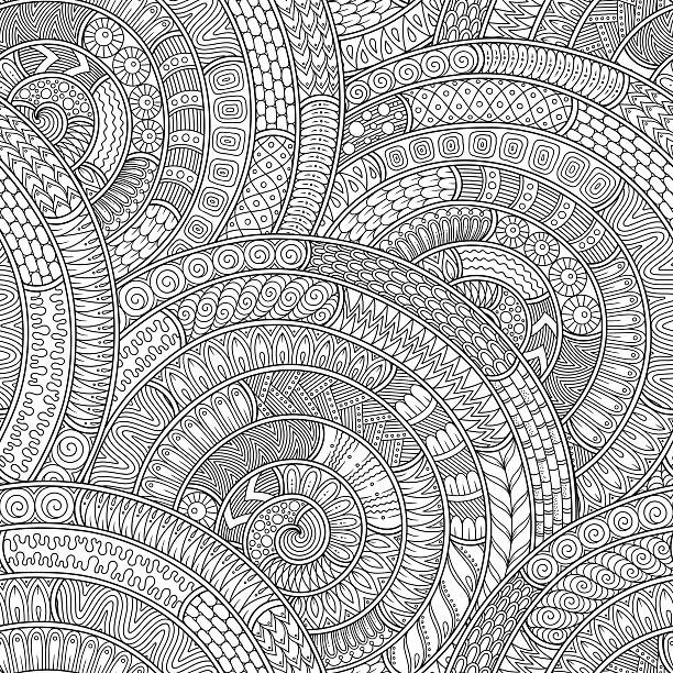 Hand-drawn seamless pattern of abstract geometric elements. Hand-drawn seamless pattern of abstract geometric elements. Monochrome range. Pattern for coloring book. adult coloring pages mandala stock illustrations