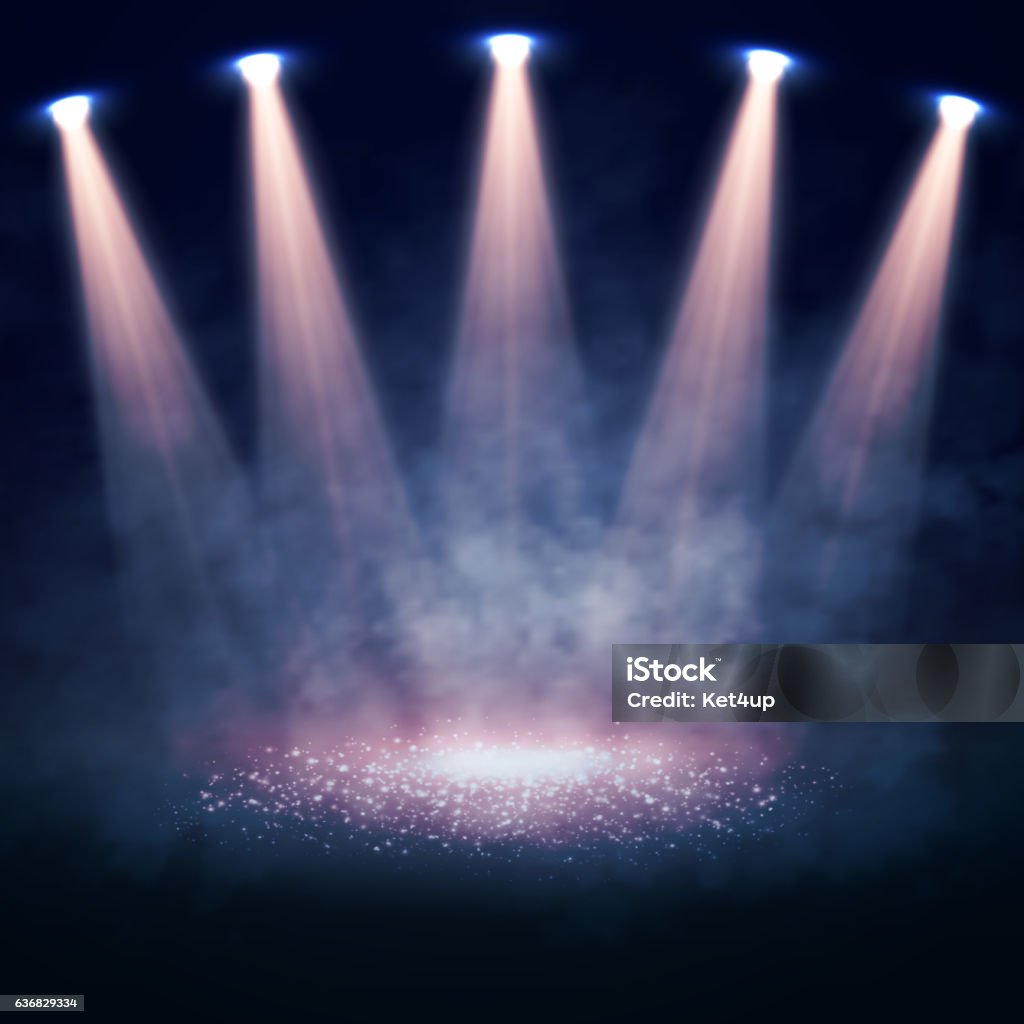 Vector Stage illuminated by spotlights. Interior shined with a projector Stage illuminated by spotlights. Interior shined with a projector. Vector illustration Stage - Performance Space stock vector