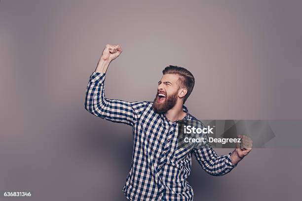 Yes He Did It Happy Bearded Man Raised Hands Stock Photo - Download Image Now - Men, Human Face, Surprise