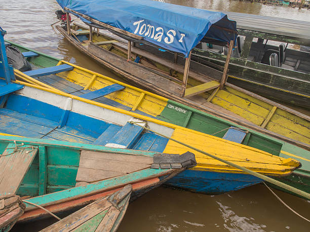 Amazon River, Peru - May 12, 2016: Traditional, indian  boats  on the bank of the river