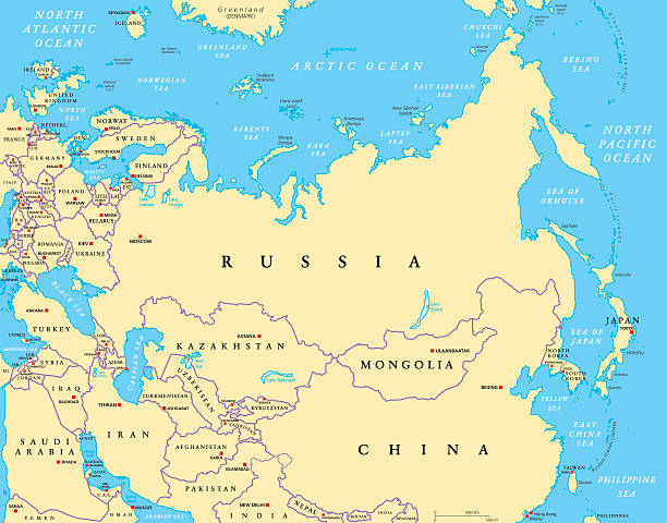 Eurasia political map Eurasia political map with capitals and national borders. Combined parts of the continental landmass of Europe and Asia. English labeling. Vector. world map china saudi arabia stock illustrations