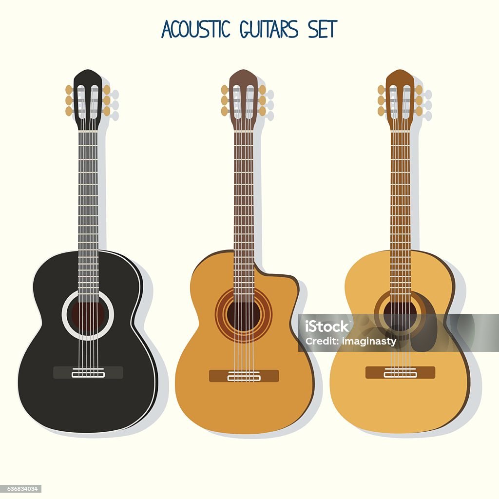 Cute vector guitars illustrations set. Acoustic (classic) guitars Cute vector guitars illustrations set. Acoustic (classic) guitars.Popular music instrument. Guitar stock vector