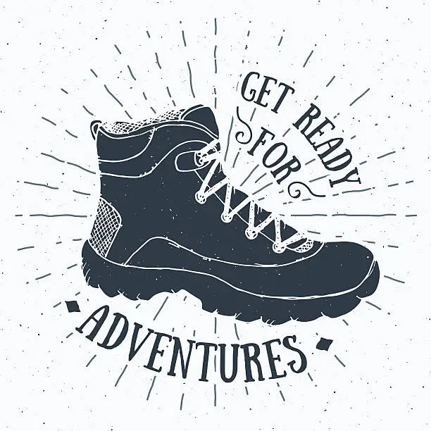 Vector illustration of Vintage label, grunge Handdrawn retro hiking shoe, trekking boot vector