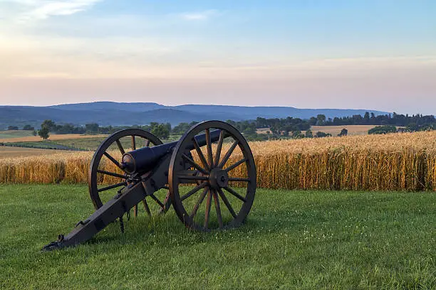 This is a view of artillery in front of wheat field at Antietam National Battlefield in Sharpsburg, Maryland. The battle at Antietam was the bloodiest single-day battle in American history.