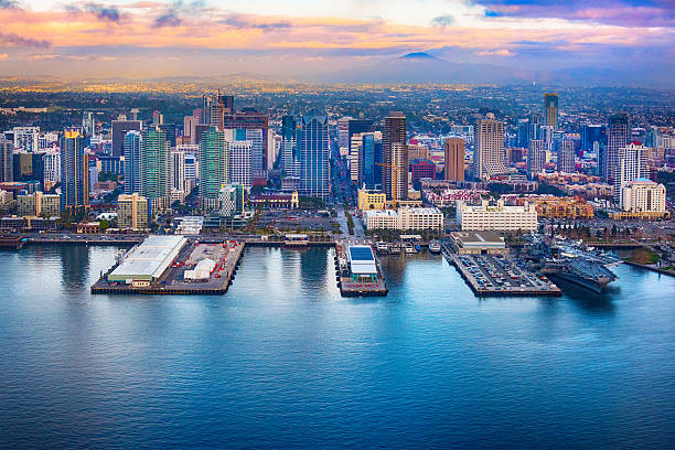 downtown san diego skyline aerial - harbor city stock-fotos und bilder