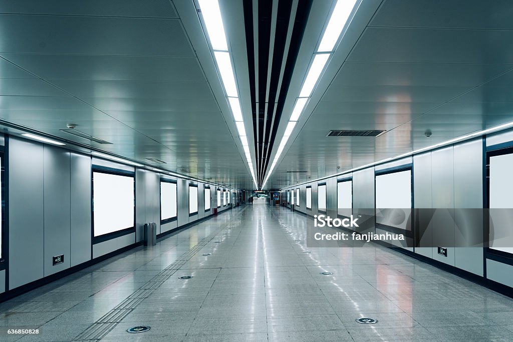 modern hallway of airport or subway station with blank billboards modern hallway of airport or subway station with blank billboards on wall,Hong Kong,china. Airport Stock Photo