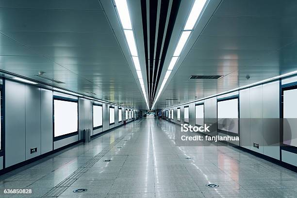 Modern Hallway Of Airport Or Subway Station With Blank Billboards Stock Photo - Download Image Now
