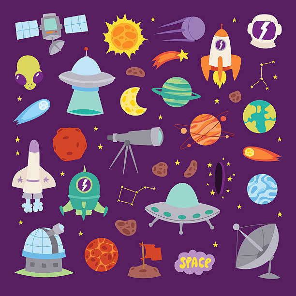 illustrazioni stock, clip art, cartoni animati e icone di tendenza di icone astronomiche adesivi set vettoriale. - mercury rocket