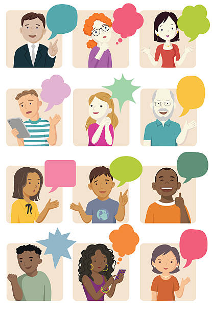 Vector illustration - People talking with speech bubbles People making opinions for product reviews, social issues, and creative ideas. teenager debating stock illustrations