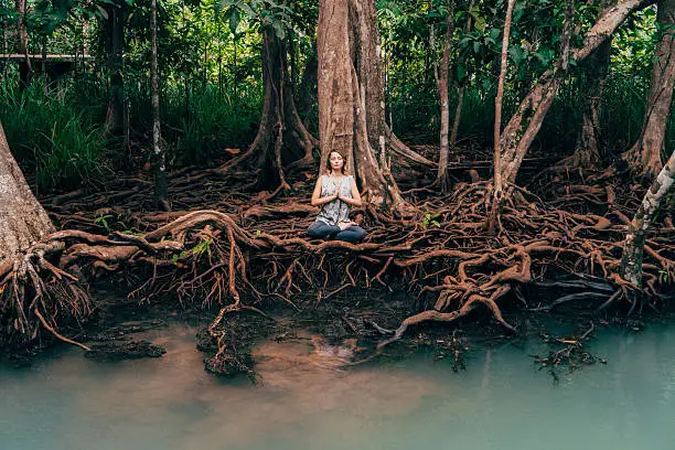 Photo of Woman doing yoga near the river in tropical forest