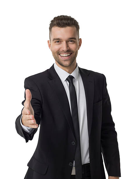 empresário representando a si mesmo closeup - isolated smiling business person handshake - fotografias e filmes do acervo
