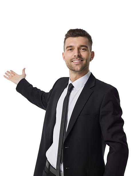 Businessman presenting something Closeup Businessman presenting something Closeup Portrait isolated on White Background spokesperson stock pictures, royalty-free photos & images