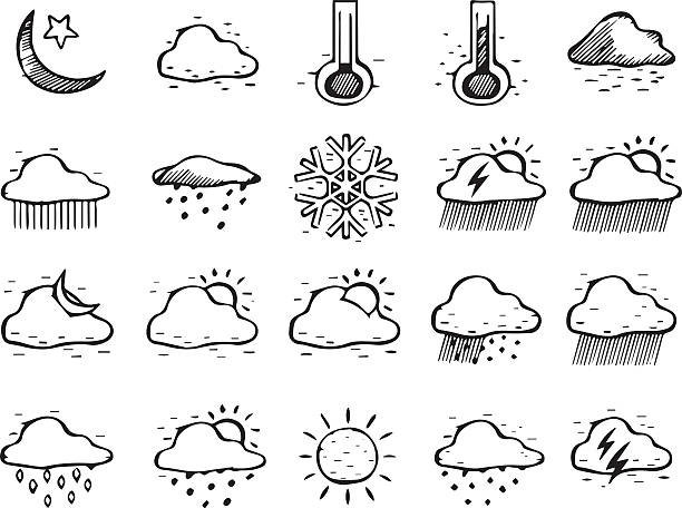 ilustrações, clipart, desenhos animados e ícones de ícones do pacote meteorológico desenhado à mão. - spring clear sky night summer