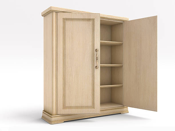 istock wood big white open cupboard; 3d illustration 636857728
