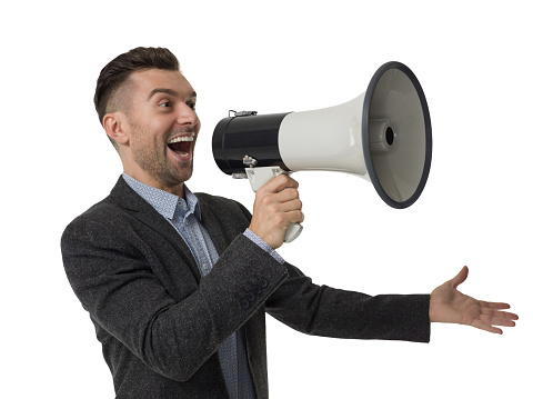 Businessman using megaphone Closeup Portrait isolated on White Background