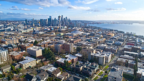 Seattle, Wa USA Cityscape Aerial Panoramic View Seattle Downtown Aerial Queen Anne Neighborhood Commmunity in Large Metropolitan City elliott bay photos stock pictures, royalty-free photos & images